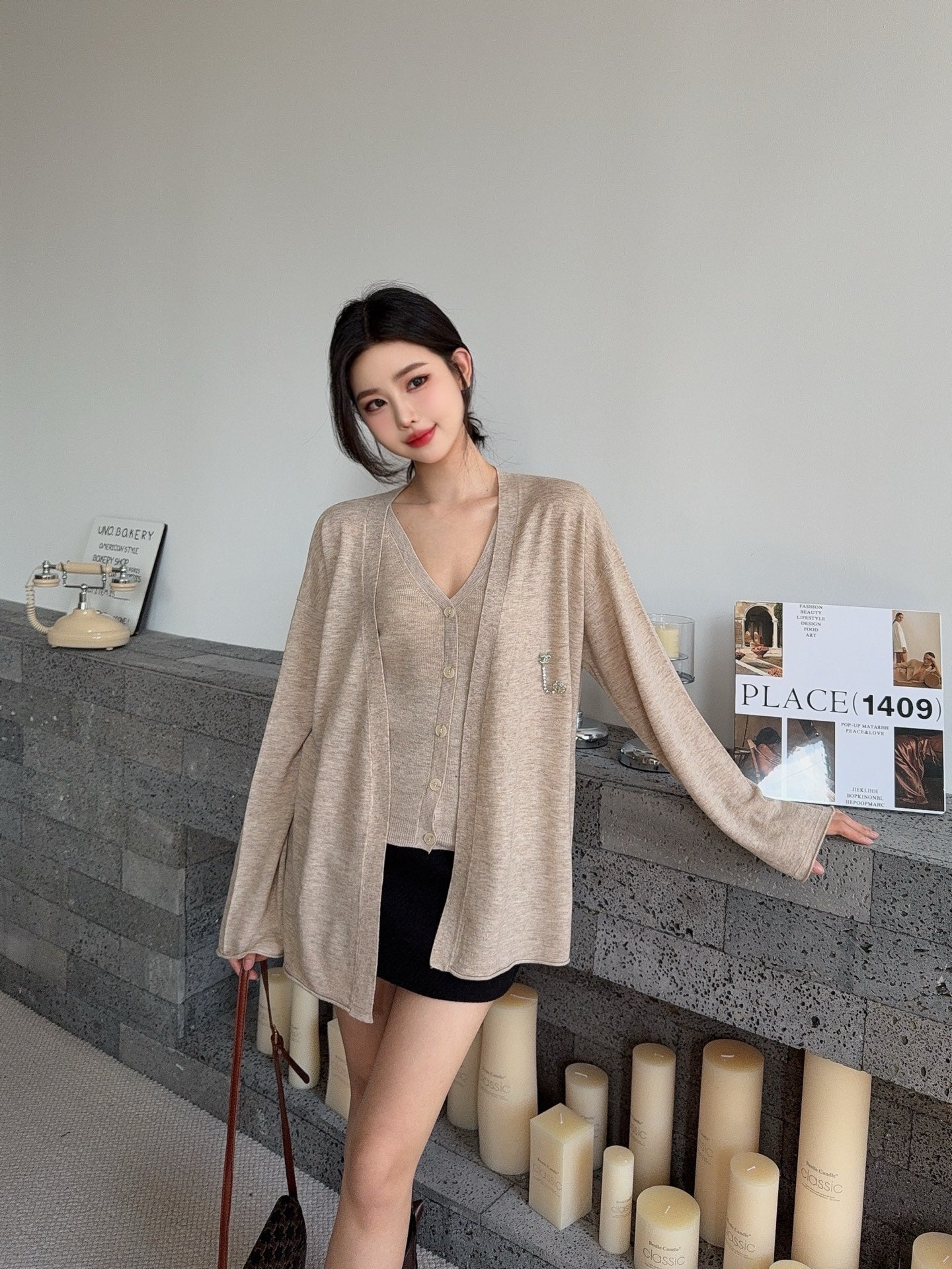 Chan 25fw knitted vest cardigan set