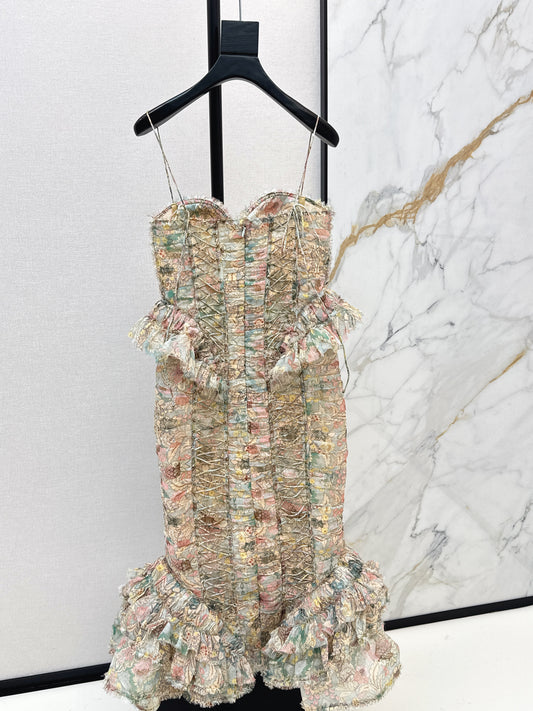 Zimm 26ss silk strapless floral print dress