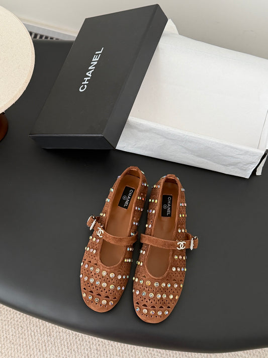 Chan 26ss mary jane hollow rhinestone shoes