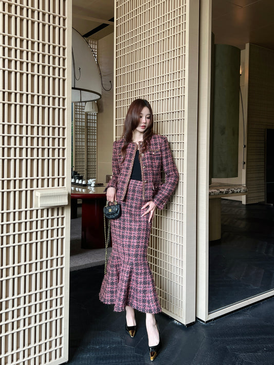 Chan 26ss woven tweed jacket+mermaid skirt set