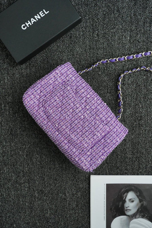 CH  MINI CLASSIC HANDBAG 20 Cotton & Wool Tweed Purple