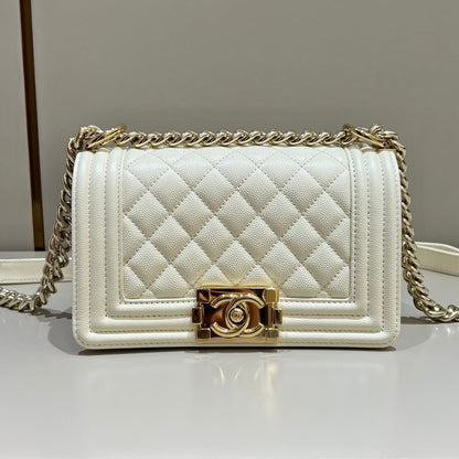 CH SMALL BOY HANDBAG 20 Small Grained Calfskin Ivory White