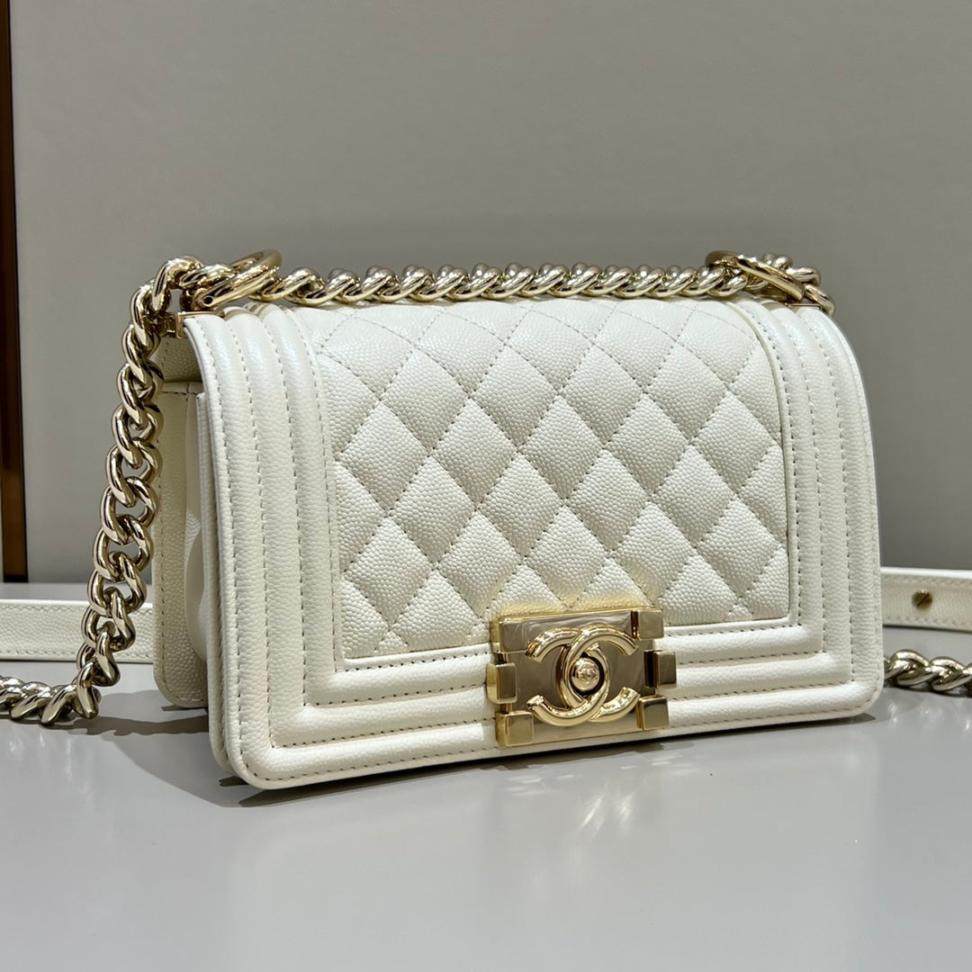 CH SMALL BOY HANDBAG 20 Small Grained Calfskin Ivory White