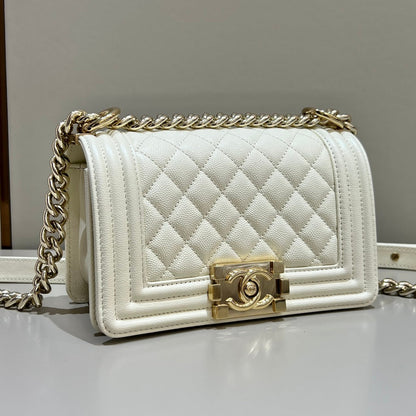 CH SMALL BOY HANDBAG 20 Small Grained Calfskin Ivory White