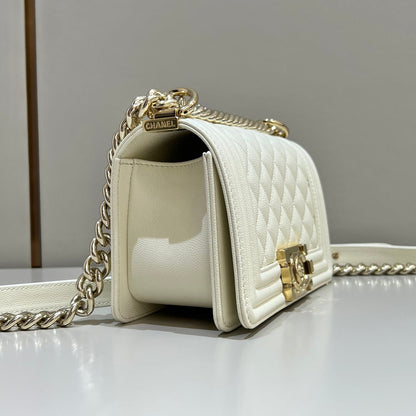 CH SMALL BOY HANDBAG 20 Small Grained Calfskin Ivory White
