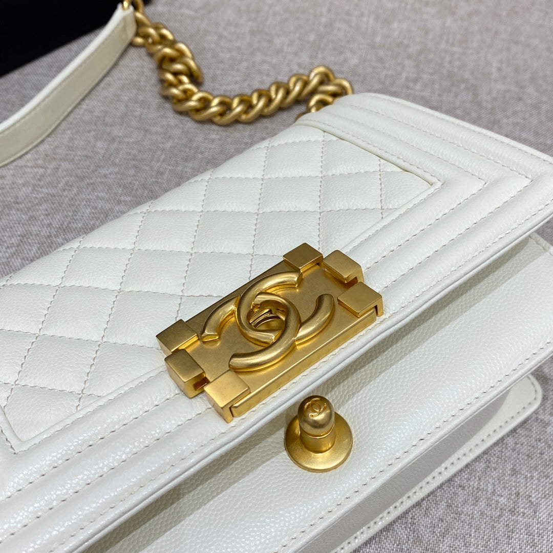 CH SMALL BOY HANDBAG 20 Small Grained Calfskin Ivory White
