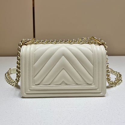 CH SMALL BOY HANDBAG 20 Small Grained Calfskin V Pattern Ivory White