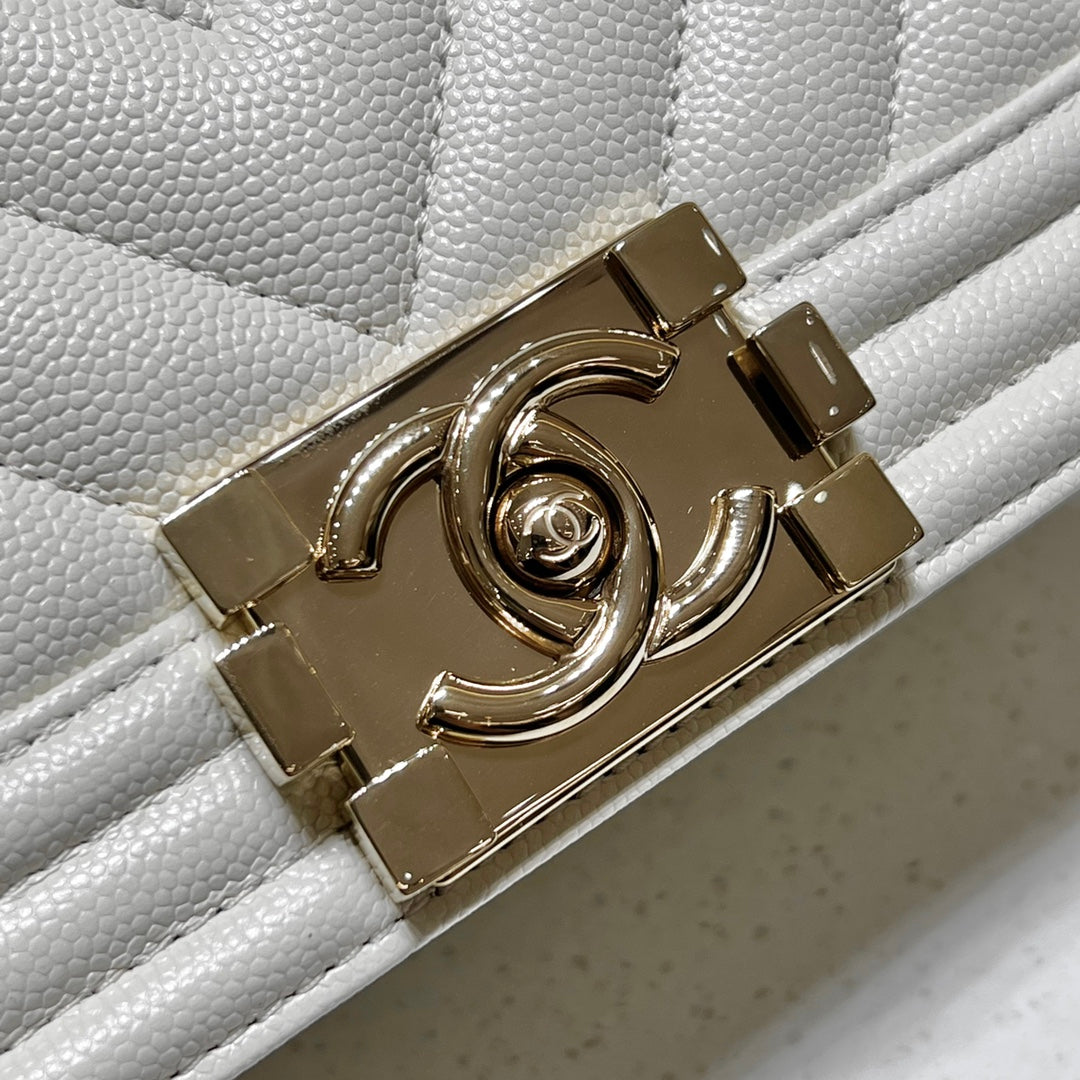 CH SMALL BOY HANDBAG 20 Small Grained Calfskin V Pattern Ivory White