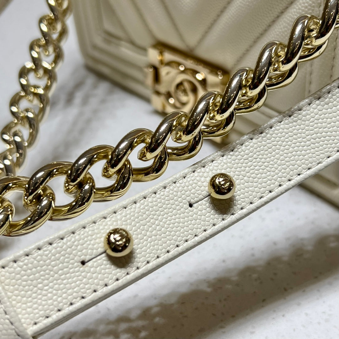 CH SMALL BOY HANDBAG 20 Small Grained Calfskin V Pattern Ivory White
