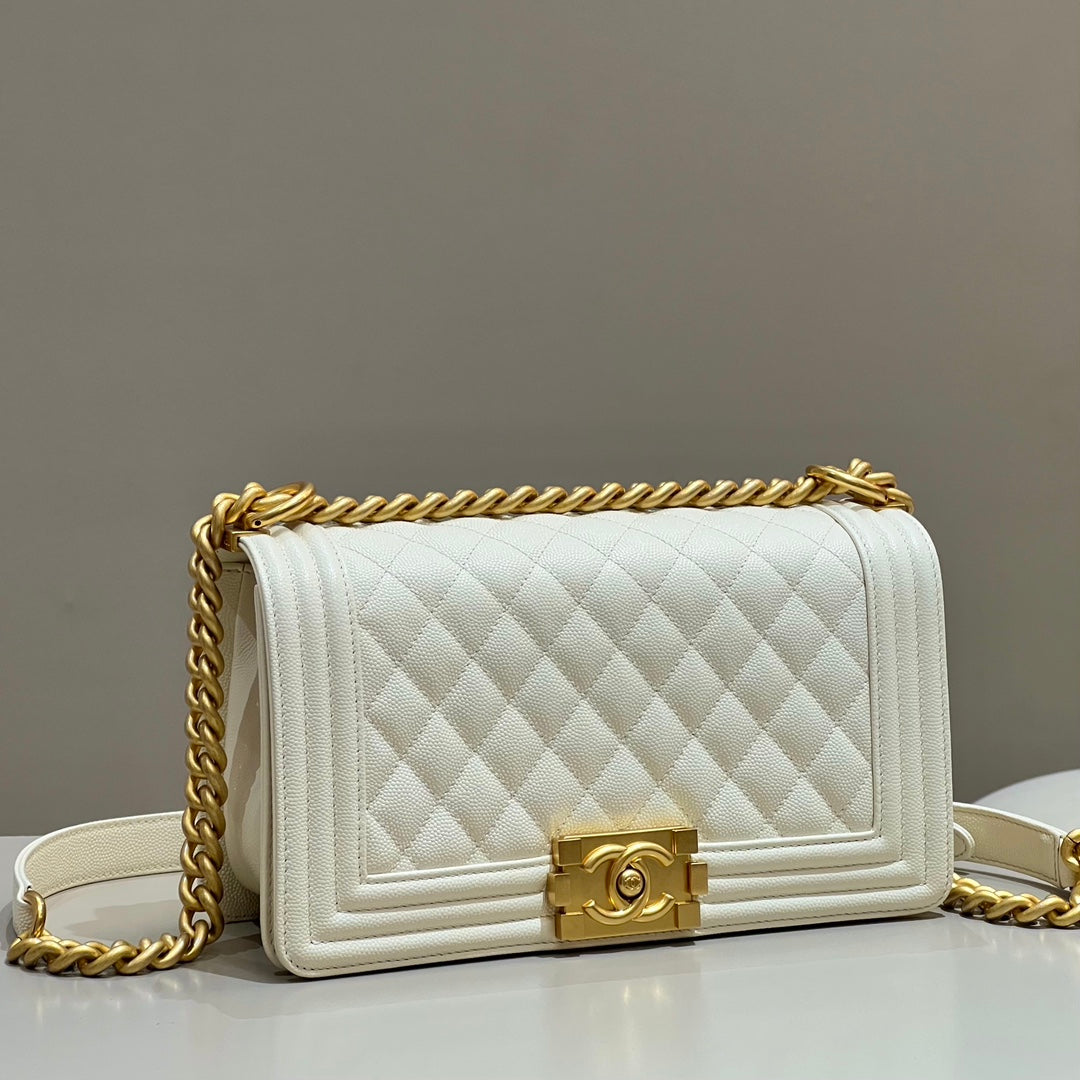 CH BOY HANDBAG 25 Small Grained Calfskin Ivory White