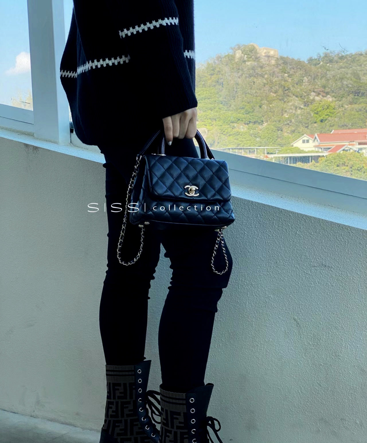 CH Mini Flap Bag with Top Handle  Small Grained Calfskin Lizard Handle Black