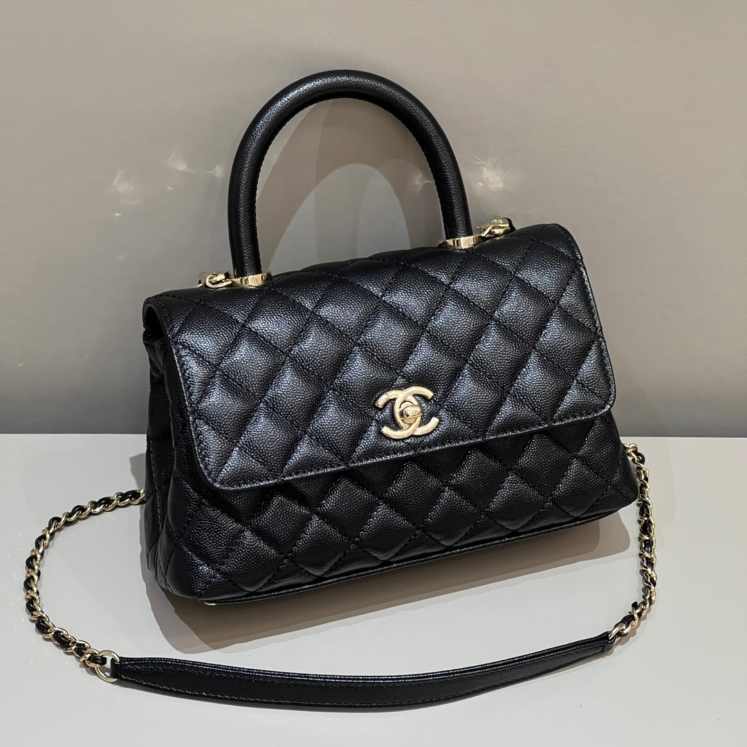 CH FLAP BAG WITH TOP HANDLE 24  Grained Calfskin Black