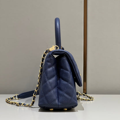 CH  FLAP BAG WITH TOP HANDLE 24  Small Grained Calfskin Navy Blue