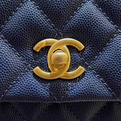 CH  FLAP BAG WITH TOP HANDLE 24  Small Grained Calfskin Navy Blue
