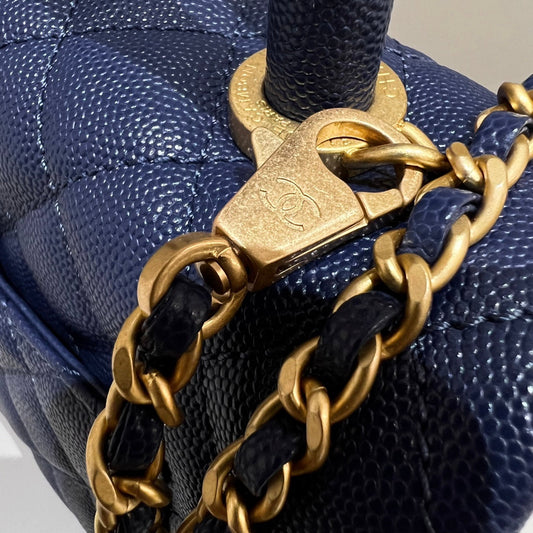 CH  FLAP BAG WITH TOP HANDLE 24  Small Grained Calfskin Navy Blue