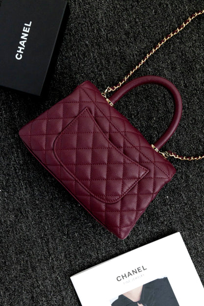 CH  FLAP BAG WITH TOP HANDLE 24  Small Grained Calfskin Red Wine Color