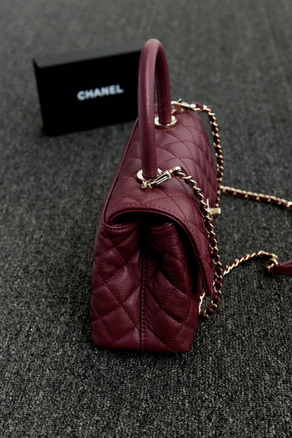 CH  FLAP BAG WITH TOP HANDLE 24  Small Grained Calfskin Red Wine Color
