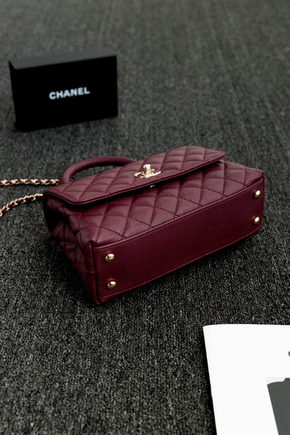 CH  FLAP BAG WITH TOP HANDLE 24  Small Grained Calfskin Red Wine Color
