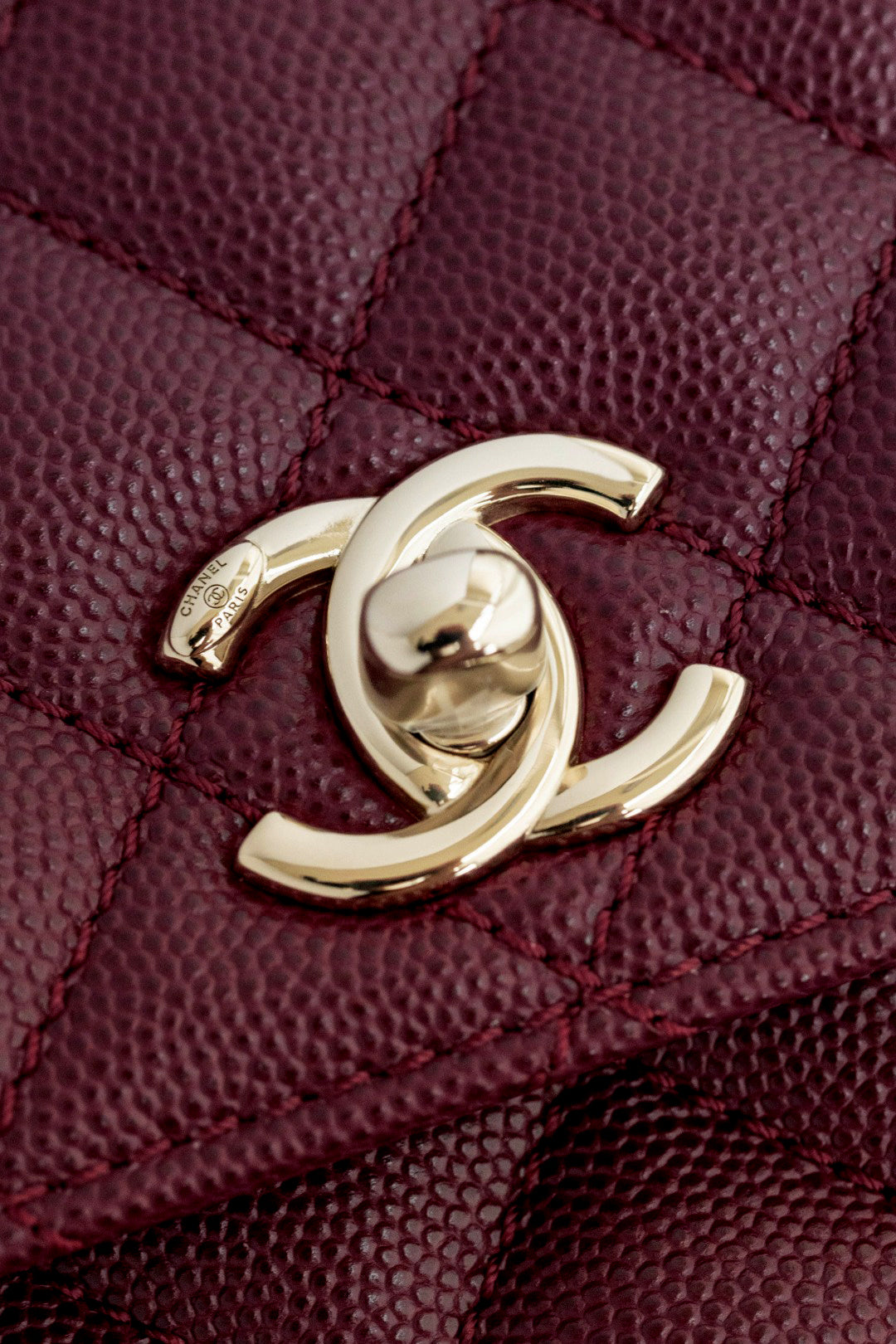 CH  FLAP BAG WITH TOP HANDLE 24  Small Grained Calfskin Red Wine Color