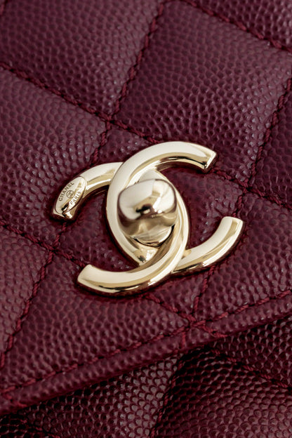 CH  FLAP BAG WITH TOP HANDLE 24  Small Grained Calfskin Red Wine Color