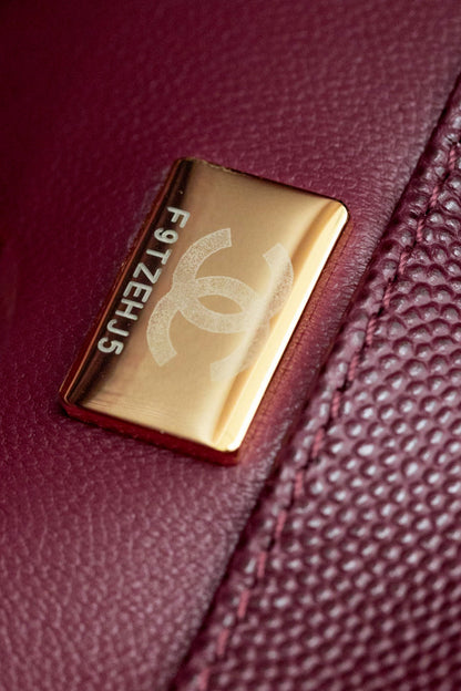 CH  FLAP BAG WITH TOP HANDLE 24  Small Grained Calfskin Red Wine Color