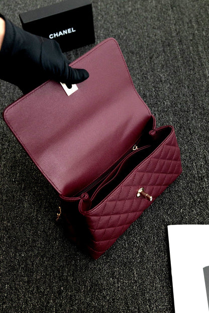 CH  FLAP BAG WITH TOP HANDLE 24  Small Grained Calfskin Red Wine Color