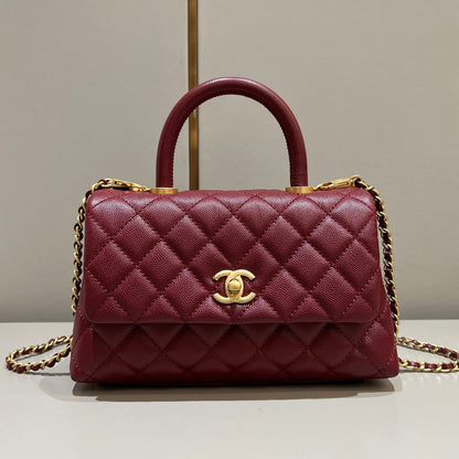 CH  FLAP BAG WITH TOP HANDLE 24  Small Grained Calfskin Red Wine Color