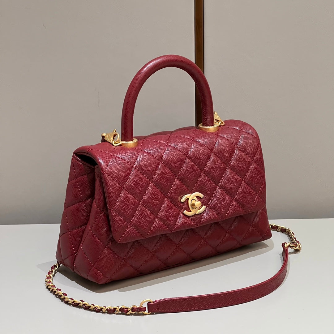 CH  FLAP BAG WITH TOP HANDLE 24  Small Grained Calfskin Red Wine Color