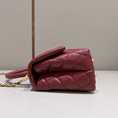 CH  FLAP BAG WITH TOP HANDLE 24  Small Grained Calfskin Red Wine Color