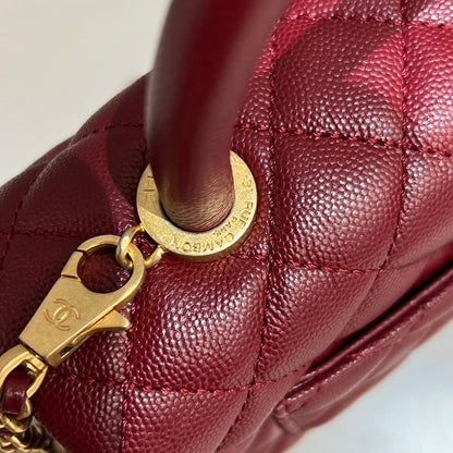CH  FLAP BAG WITH TOP HANDLE 24  Small Grained Calfskin Red Wine Color