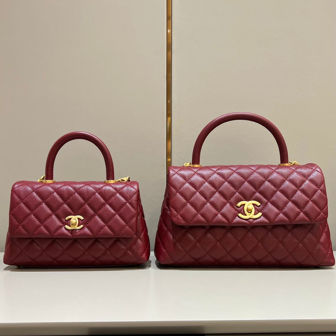 CH  FLAP BAG WITH TOP HANDLE 24  Small Grained Calfskin Red Wine Color
