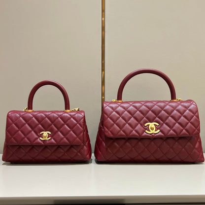 CH  FLAP BAG WITH TOP HANDLE 24  Small Grained Calfskin Red Wine Color