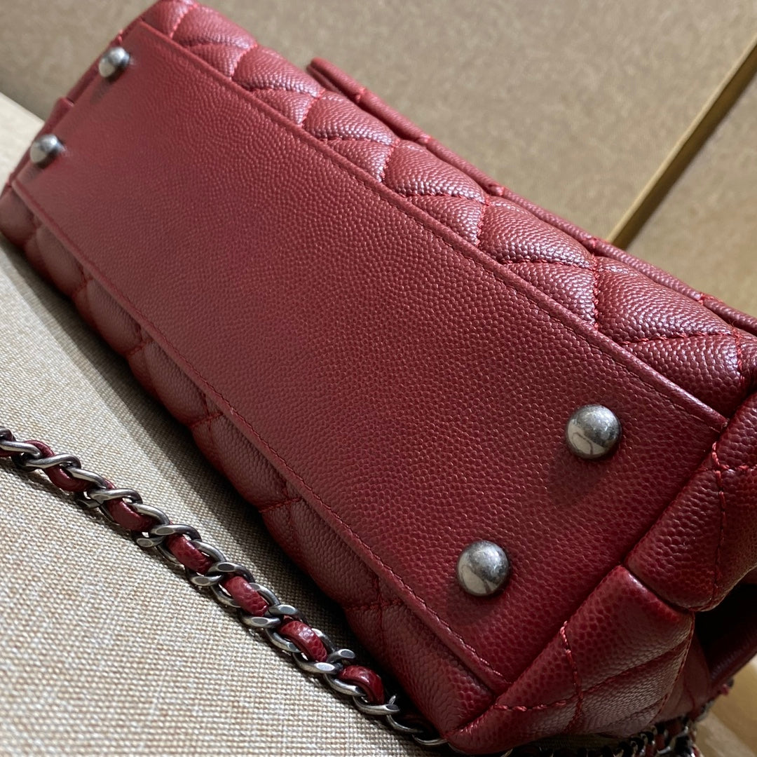 CH  FLAP BAG WITH TOP HANDLE 24  Small Grained Calfskin Red Wine Color