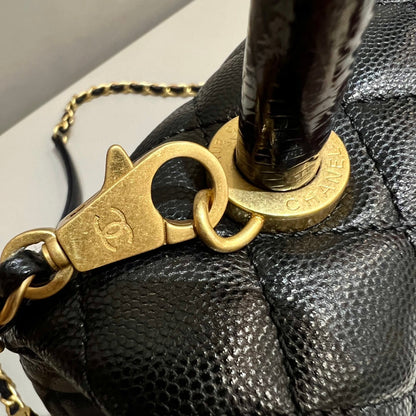 CH  FLAP BAG WITH TOP HANDLE 24  Small Grained Calfskin Lizard Handle Black