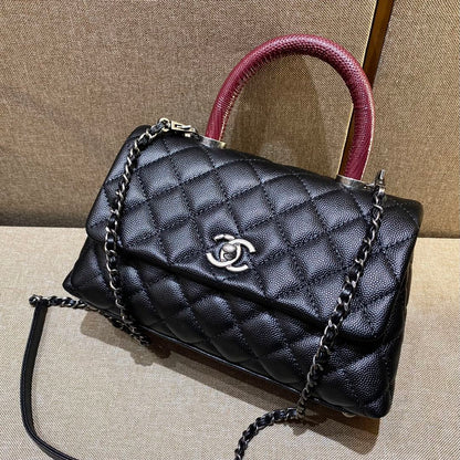 CH  FLAP BAG WITH TOP HANDLE 24  Small Grained Calfskin Lizard Handle Black