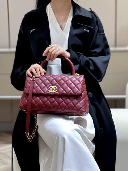 CH LARGE FLAP BAG WITH TOP HANDLE 29  Small Grained Calfskin Red Wine Color
