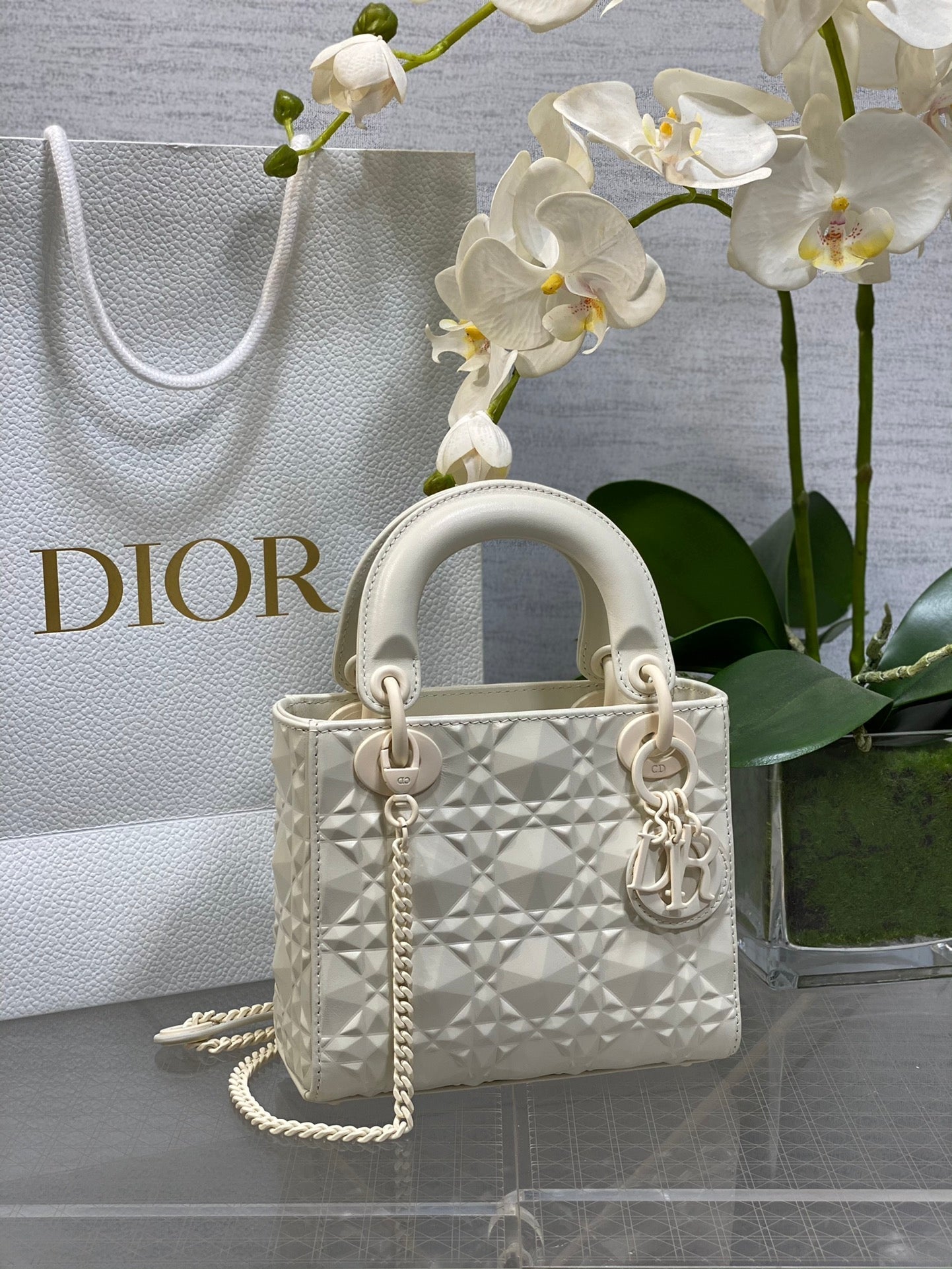 DO Mini Lady Bag  Matte White Diamond Pattern Calfskin