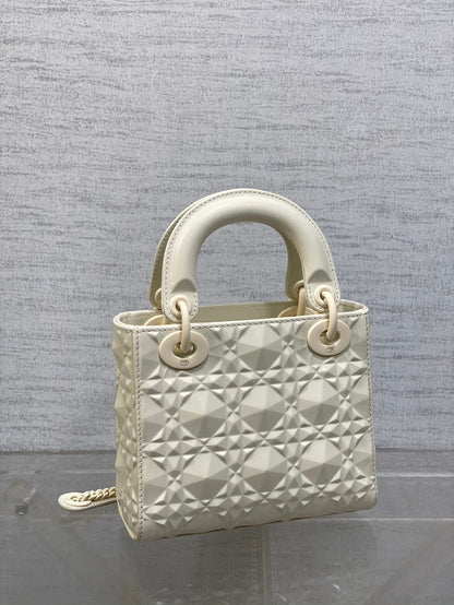 DO Mini Lady Bag  Matte White Diamond Pattern Calfskin