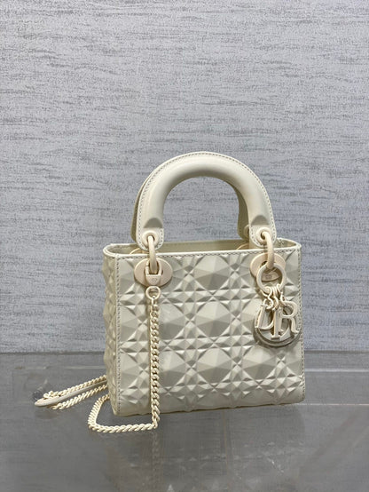 DO Mini Lady Bag  Matte White Diamond Pattern Calfskin