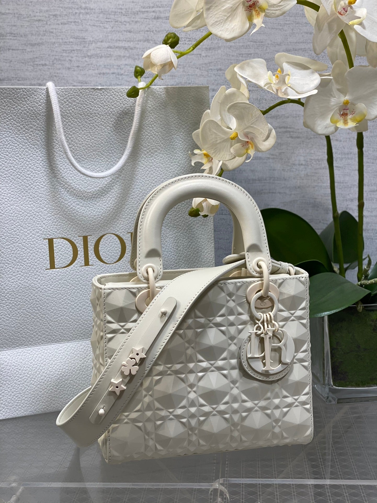 DO Mini Lady Bag  Matte White Diamond Pattern Calfskin