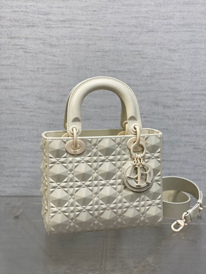 DO Mini Lady Bag  Matte White Diamond Pattern Calfskin