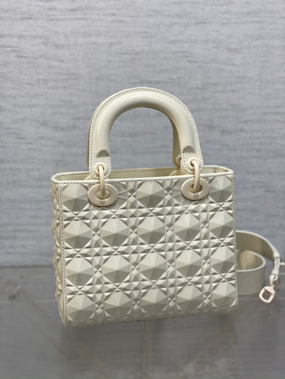 DO Mini Lady Bag  Matte White Diamond Pattern Calfskin