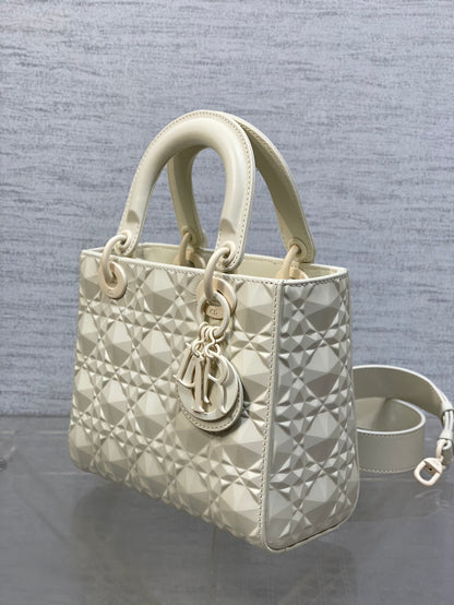 DO Mini Lady Bag  Matte White Diamond Pattern Calfskin
