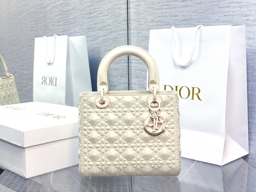 DO Mini Lady Bag  Matte White Diamond Pattern Calfskin