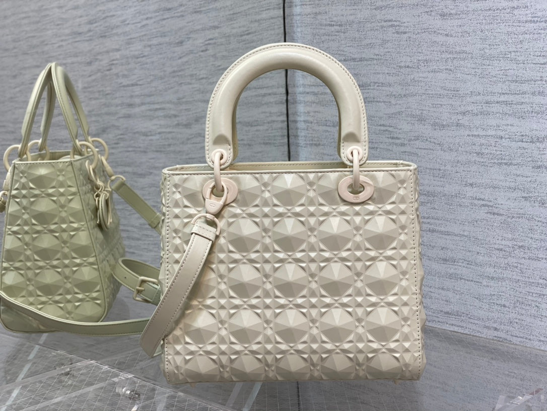 DO Mini Lady Bag  Matte White Diamond Pattern Calfskin