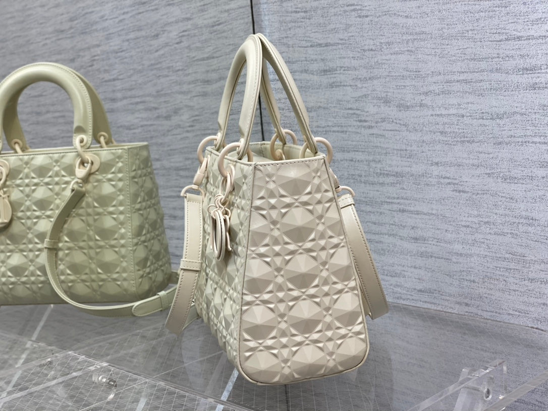 DO Mini Lady Bag  Matte White Diamond Pattern Calfskin