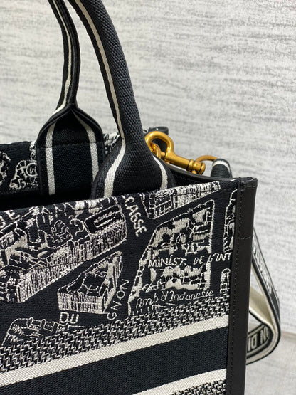 DO Medium Book Tote Black and White Plan de Paris Embroidery with Black Calfskin