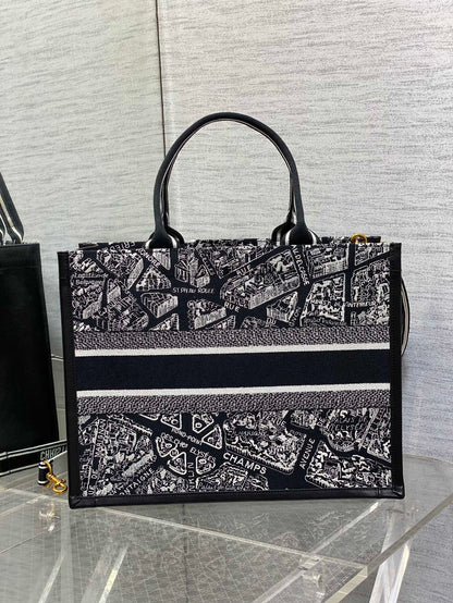DO Medium Book Tote Black and White Plan de Paris Embroidery with Black Calfskin