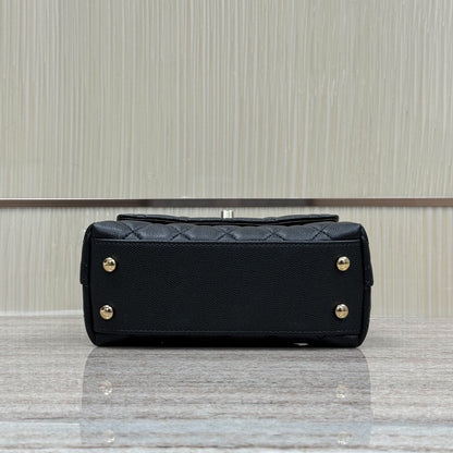 CH Mini Flap Bag with Top Handle  Small Grained Calfskin Lizard Handle Black