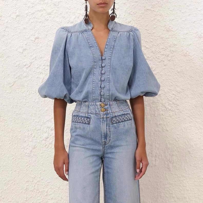 Zim 25ss denim V neck shirt